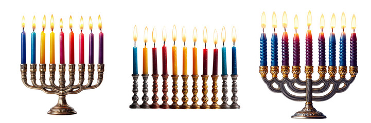 Set of Bright Hanukkah menorah with blue pink and yellow candles glowing warmly on transparent png background. Ai generated