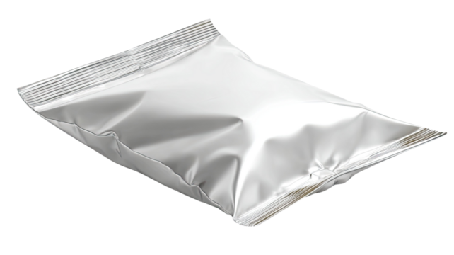 Blank foil snack package with shiny metallic surface and sealed edges ready for branding or product display isolated on white background