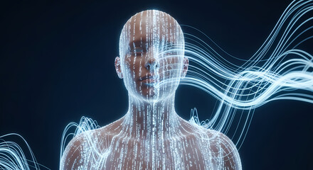 A digital human figure composed of glowing blue data streams and light particles, representing AI or technology.