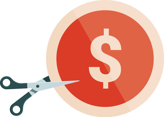 Scissors cutting a red price tag with dollar sign, representing cost reduction and budget cuts
