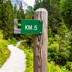 Fototapeta premium A wooden signpost with a green marker indicating a trail, at the 5-kilometer mark, with a pathway leading into a forest