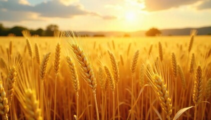 Fototapeta premium Golden Wheat Field Basking in Summer Sun, Ready for Harvest A Breathtaking View of Abundant Crop Symbolizing Prosperity and Success