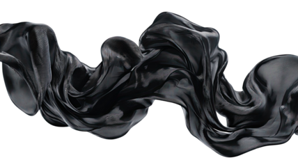 Black silk fabric with smooth glossy texture and elegant folds showing luxury textile material isolated on white background