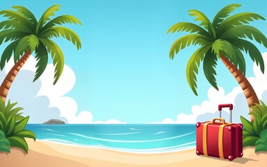 Obraz premium Vector gift travel voucher template. Tropical island landscape with palm tree and luggage suitcase. Concept for summer vacation and travel agency. Banner, shop coupon, certificate or flyer layout.