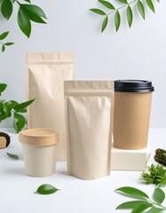 Eco-friendly packaging mockups with leaves.