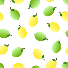 Seamless pattern of lemons and limes in green and yellow, on white background. Often used for various decorative purposes.	
