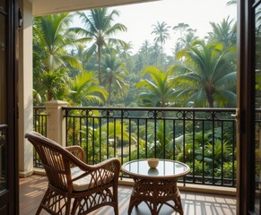 Fototapeta premium Balcony Overlooking Tropical Garden with Rattan Furniture