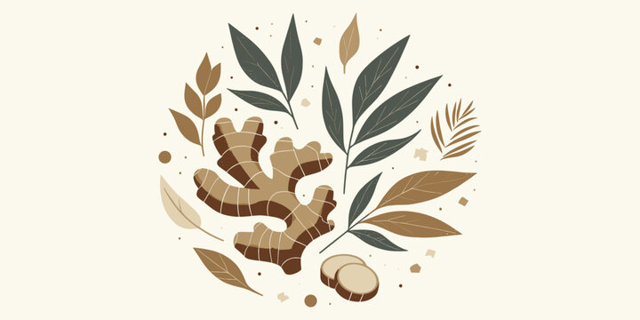 Ginger Root & Botanical Illustration in Circular Design on Cream Background