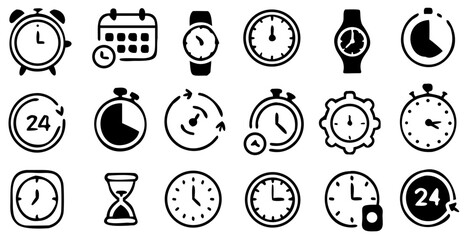 Time and clock icons. Set of black clock, stopwatch, timer, watch icon. Black clock icon collection