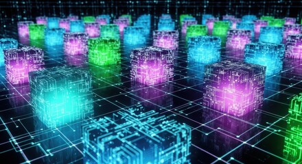 Vibrant digital cubes with neon lights create an abstract network grid of data
