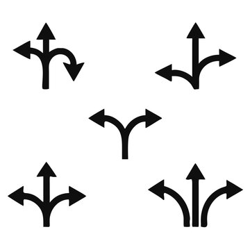 direction arrow sign set. uncertainty choice. unknown direction. two and three way arrow symbol. double and triple arrows. isolated on white background. vector illustration
