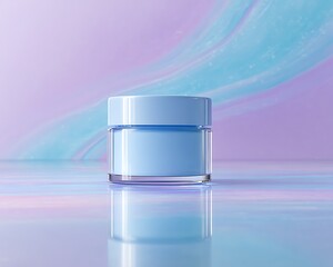 Glossy product jar nestled on vibrant minimal dreamy abstract surface