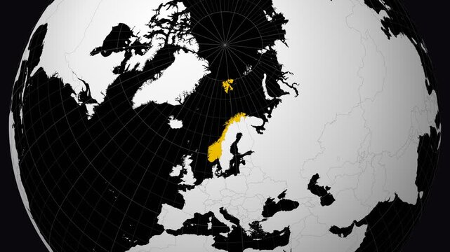 Norway map. Animated zoom into the country on the Globe in Black White color palette. Country logo animation. Map with meridians, parallels. Authentic video.