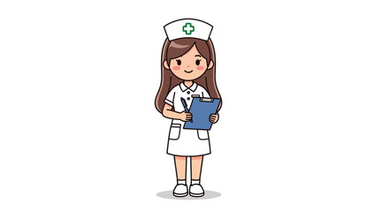 Fototapeta premium Cartoon Nurse with Clipboard and Pen in Uniform.
