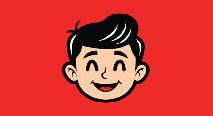 Cheerful Cartoon Boy Face with Black Hair and Smiling Expression.