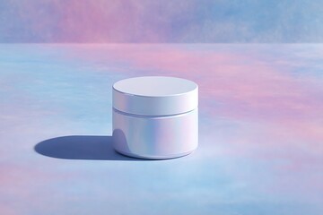 Glossy skincare container on ambient pastel abstract canvas with dreamlike glow