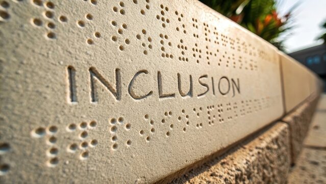 Close up of the word Inclusion written in Braille on a stone surface - Powered by Adobe