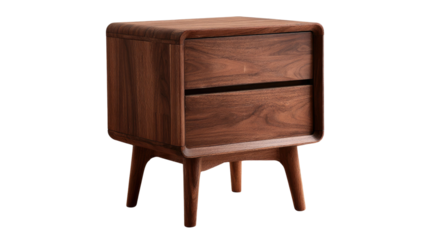 Dark brown nightstand with wooden texture and single drawer showing elegant bedroom furniture piece isolated on white background
