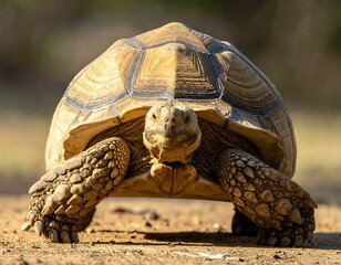 A large tortoise walks towards the camera on a dirt path