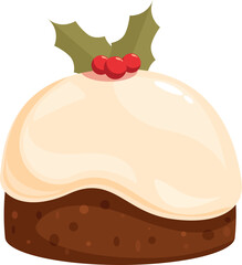 Traditional christmas pudding with holly berries and white icing, isolated on white background