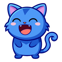 Cute blue cartoon cat with big smile isolated on transparent background