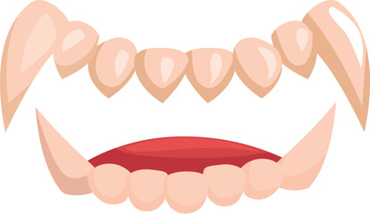 Cartoon illustration of vampire teeth for halloween party, featuring prominent fangs and tongue, ideal for spooky designs