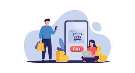 Online Shopping and Payment with Mobile Device and Laptop.
