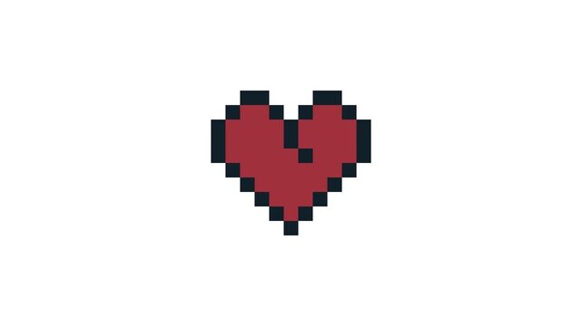 8-bit pixel art red breaking heart icon. looped animation 4k 30fps