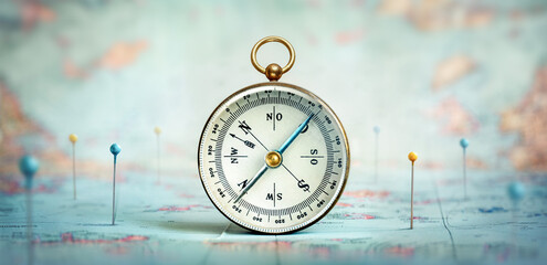 Magnetic old compass on world map.Travel, geography, navigation, tourism and exploration concept...