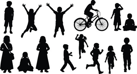 Children silhouette set showing playful poses, running, jumping, cycling, sitting, walking, standing, and expressive childhood activities in vector style