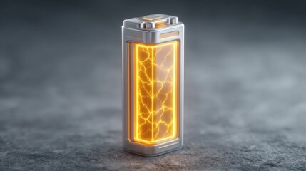 Futuristic Rechargeable Battery Design with Glowing Energy Lines and Metallic Surface Perfect for Technology and Innovation Themes