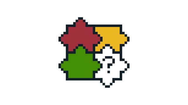 8-bit pixel art three puzzle pieces with question mark. looped animation 4k 30fps