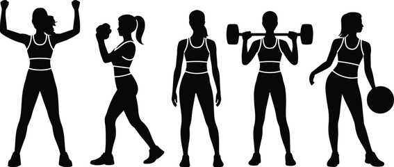 Female fitness silhouettes, women workout poses, gym exercise vector, strength training illustration, active lifestyle design, fitness motivation art, bodybuilding and health concept