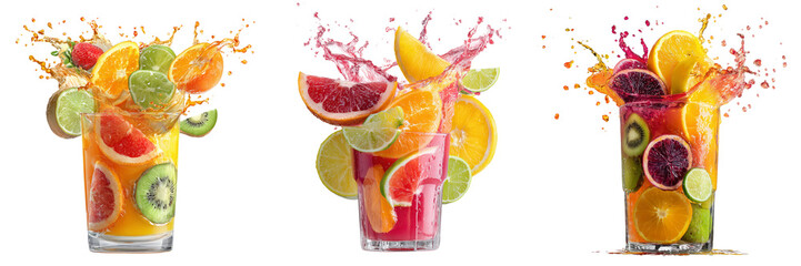 Set of Strawberries and raspberries colliding in a dynamic red juice explosion on transparent png background. Ai generated