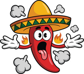 Funny hot chili pepper cartoon, spicy Mexican pepper mascot, chili with sombrero, fiery vegetable character, cartoon heat illustration, food humor design