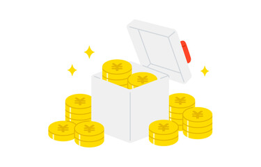 山積みの円マークコインとフタがあいたプレゼントボックス【ベクターイラスト素材】