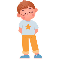 Cartoon of a young boy with closed eyes wearing a light blue t-shirt with a yellow star and orange pants standing on a transparent background with a happy expression