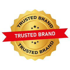 Vector art of golden seal badge with red ribbon, text trusted brand repeated, symbolizing quality, reliability, and customer confidence