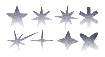 Obraz premium Grain noise star shape abstract y2k style gradient trendy collage vector illustration set. Geometric dot grain noise y2k star stipple effect halftone texture sparkle collection.