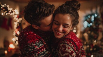 A couple is hugging and kissing in a red sweater