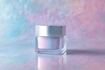Glossy skincare container on ambient pastel abstract canvas with dreamlike glow