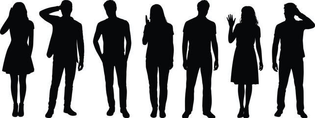 People silhouettes, standing poses vector, man and woman clipart, casual figure icons, fashion pose silhouettes, character design set, modern people outline