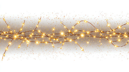 Christmas light garland with gold glitter on white background, new year light effect elements for banner, poster, flyer and xmas card. Horizontal yellow wires shining, led strips