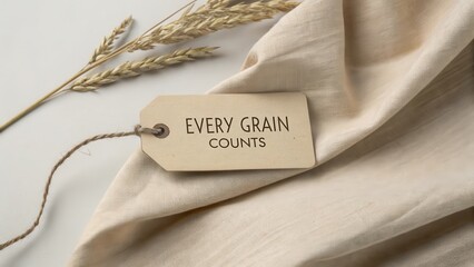 Wooden tag stating Every Grain Counts laid on natural linen fabric