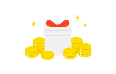 山積みのコインと正面のプレゼントボックス【ベクターイラスト素材】