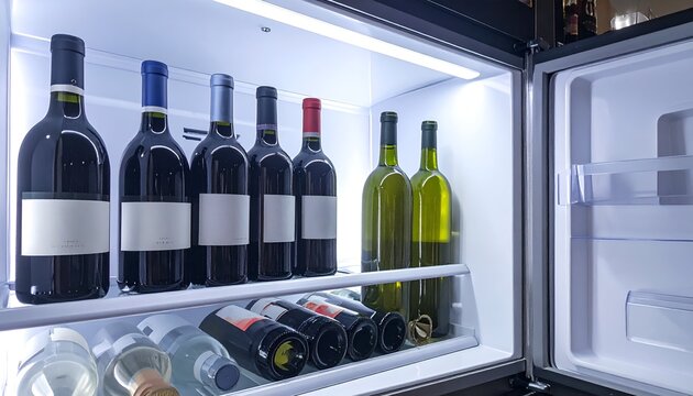 A well-organized wine refrigerator showcasing a variety of red and white wines with ambient lighting - Powered by Adobe