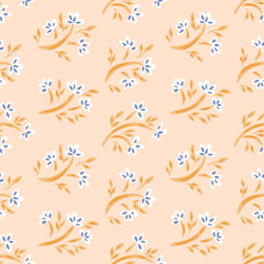 Hand painted abstract flower drapes forming a diagonal floral pattern in colors of orange, off white and blue on a cream background. Botanical seamless vector pattern. Great for home decor, fabric,etc