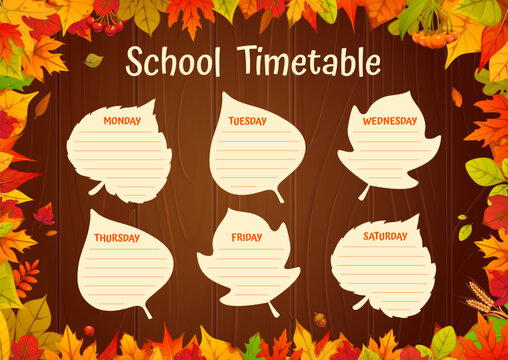 School timetable vector schedule decorated with autumn maple, oak and birch leaves. Wooden background with paper sheets in leaf shapes for each weekday. Education week timetable template