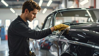 Young man polishing a classic car in a bright workshop, showcasing attention to detail and craftsmanship
