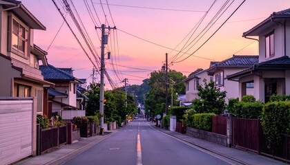 Fototapeta premium Serene suburban street at dusk with colorful sky, lined by houses and lush greenery